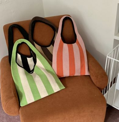 Beach Bag Stripe Weave Tote Bag Reusable Checkered Pattern Mini Handbag Knitted Handbag Handmade Handbag