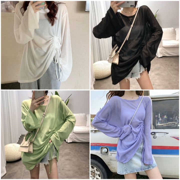 พร้อมส่ง-เสื้อแขนยาว-คอกลม-ผ้าบางมุ้ง-เชือกดึงร่นช่วงเอว-สไตส์เกาหลี-โอเวอร์ไซส์-เสื้อหน้าร้อน-กันแดด