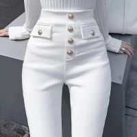 COD dsfgerrety Ready Stock Plus Size S-3XL Women Pencil Pants Bottons Spring Autumn Fashion Casual High Waist Stretch Elastic Slim Skinny Trousers Office Work Wear Black White