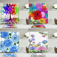 【CW】☏◈  Color Flowers Shower Curtain Set Curtains Polyester Toilet Non-slip Floor