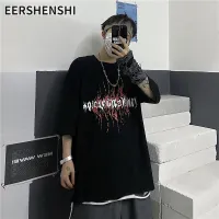 EERSHENSHI Ins เสื้อยืดรอบคอหลวมแขนลายสั้นลายตัวอักษรเปลวไฟเข้มสไตล์ฮาราจูกุเสื้อผู้ชายและผู้หญิง