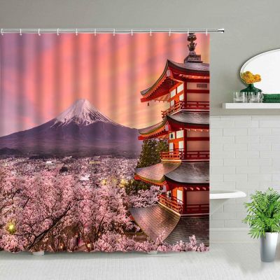 【CW】❒❅❉  Scenery Theme Shower Curtains Japan Mount Landscape Curtain Set