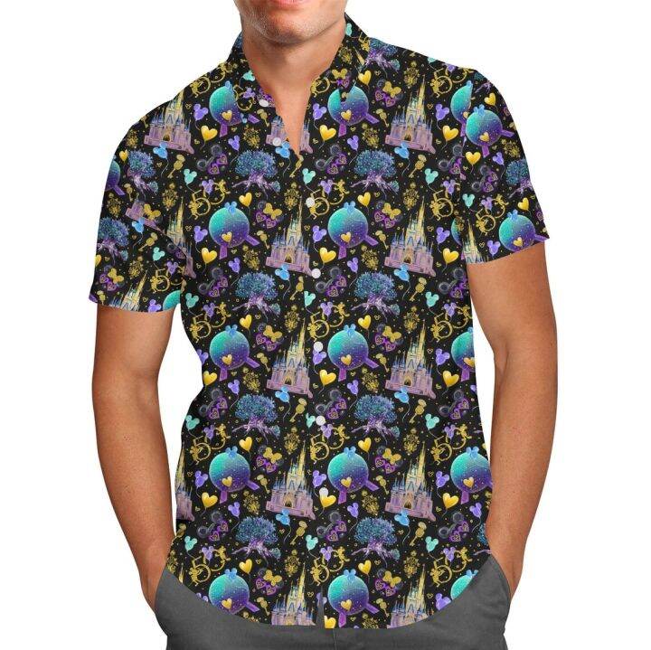 เสื้อฮาวายหูมิกกี้ซาฟารีสำหรับผู้ชาย-เสื้อเชิ้ตชายหาดลำลองมีกระดุมลายอาณาจักรสัตว์