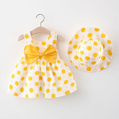 Summer Cute Bow Sleeveless Kids Princess Dress Soft Yellow Dot Printed Cotton Toddler Baby Little Girls Casual Dresses with Hat