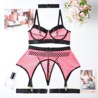 JIU YUSINGREINY-Lingerie Porno Mesh para Mulheres  Bainha Shapewear  Croset Moda Sem Costas  Conjuntos De Roupa Interior Sexy  Ternos De 4 Peças