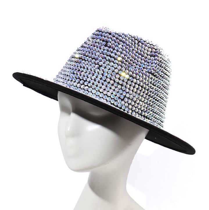 rhinestone-fedora-หมวกแจ๊สหมวกคาวบอยสําหรับผู้หญิงและผู้ชายหมวกสีสองด้านสีแดงพร้อมเพชรสีดํา-fedora-ขายส่ง-2023