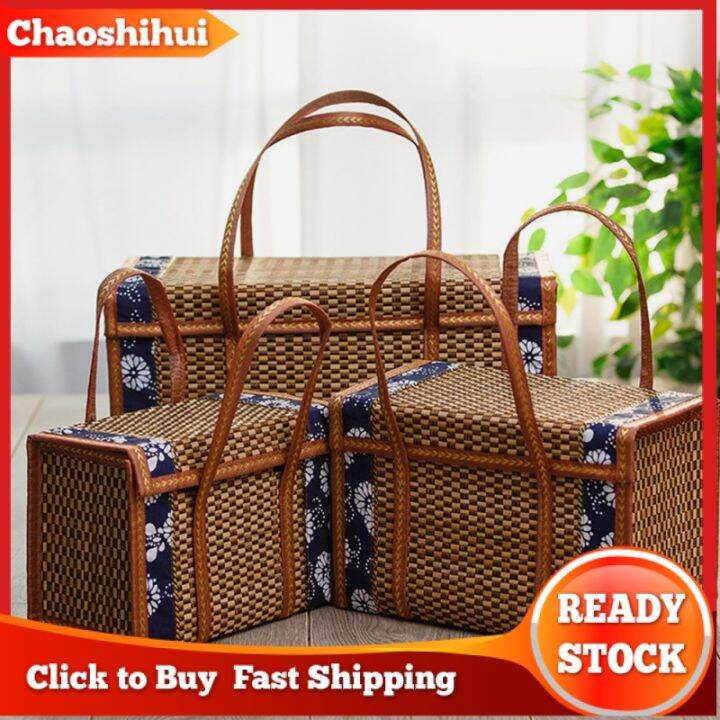 Folding Bamboo Woven Fruit Basket Handheld Picnic Food Storage Basket