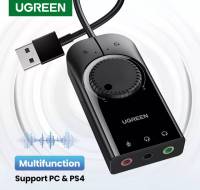 UGREEN Sound Card (ขนาด100cm) USB to Jack แจ็ค 3.5 มม. หูฟังไมโครโฟน การ์ดเสียงสำหรับโทรศัพท์, โน๊ตบุ๊ค การ์ดเสียง PS4 External USB Sound Card Mic Audio USB to 3.55mm