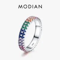 MODIAN Pure 925 Sterling Silver Bright Multicolor Zirconia แหวนแฟชั่นผู้หญิงสายรุ้งสี Anillo ของขวัญเครื่องประดับ Fine Fine