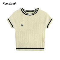 เสื้อสเวตเตอร์ขนสัตว์แบบถักแฟชั่นแขนสั้นของผู้หญิง KUMI ฤดูร้อน