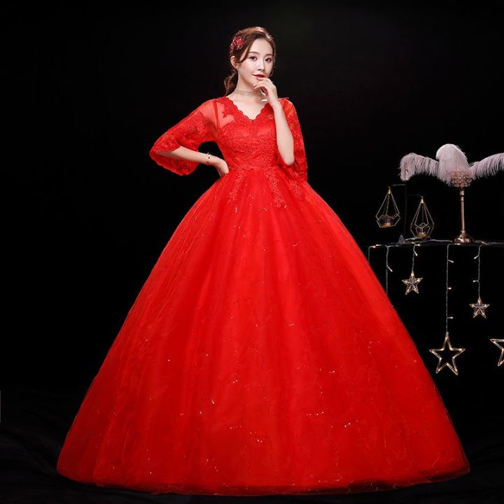 ชุดนางฟ้าสีแดงชุดแต่งงานเจ้าสาวสำหรับสตรีมีครรภ์เอวสูงเกาหลี-qs1141เรียบง่าย