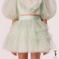 TandT - GINGHAM TULLE LAYERED RUFFLE MINI SKIRT กระโปรงสั้นรูดชั้นระบาย 3 ชั้น ผ้าตาข่ายลายสก็อต