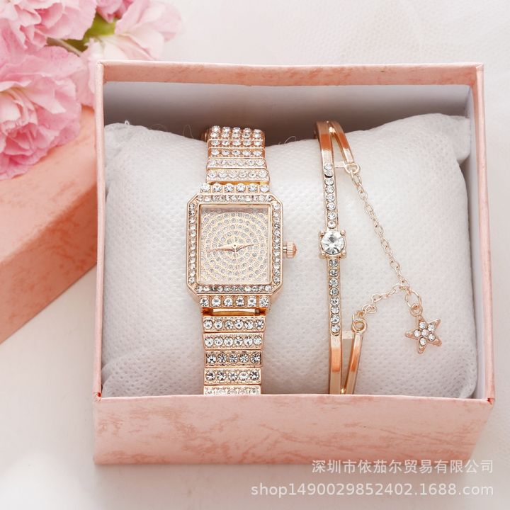 july-new-womens-quartz-watch-rhinestone-buckle-square-simple-fashion-set