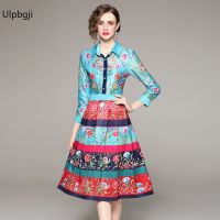 Summer Fashion Vacation Red Flower Dress Womens Three Quarter Sleeve Floral Print Black Geometry Belt Bow Midi Vestido