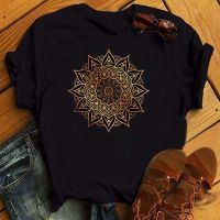 Maycaur New Mandala Floral Printed T Shirt Women Casual Fashion T-shirt Loose Short Sleeve 90s Girls Aesthetics Black Tshirt Top