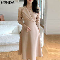 VONDA ชุดเดรสคลุมเข่าคอปกคอเสื้อแขนยาวฤดูใบไม้ร่วงใหม่สีทึบ (ลำลองเกาหลี)