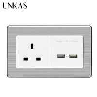 UNKAS เต้าเสียบสายไฟชาร์จพร้อม USB คู่ในสหราชอาณาจักรขนาด146*86มม. สำหรับมือถือ5V 2.1A เต้ารับไฟฟ้าแผงสแตนเลส