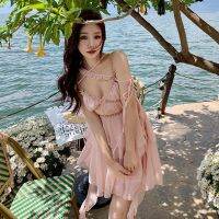 New summer dia powder irregular bind high waist lace strap lotus leaf fairy cake short dress