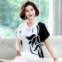 Floral Blouse Women Short Sleeve Elegant Shirt Plus Size Fashion Loose Vintage Tops