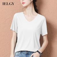 IELGY เสื้อยืดแขนสั้นผ้าไหมน้ำแข็งผู้หญิงคอวีบางไร้รอยต่อสีทึบ