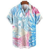 Mens Shirt Summer Hawaiian Polo Collar Coconut Tree Print Fashion Leisure Holiday Beach Short Sleeve Single-Breasted Top M-5XL