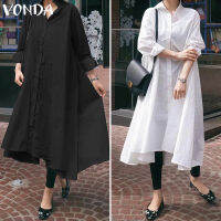 Vonda ผู้หญิงหลวมหลวม Asymmetric Flare ชุดยาว OVERSIZE ชุดเสื้อเชิ้ตแขนยาว