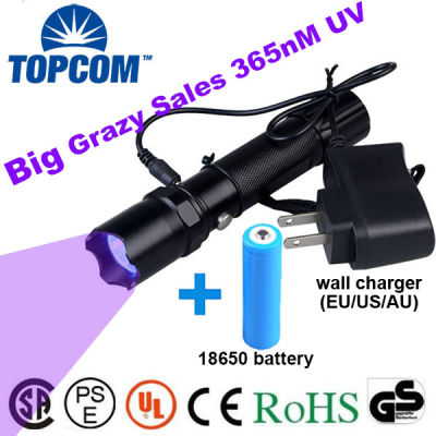 TopCom 3W 365nM UV ไฟฉายแบบชาร์จไฟอัลตราไวโอเลต UV ไฟฉายใช้สำหรับ Anti-Fake เครื่องตรวจจับเงินปัสสาวะแมงป่อง