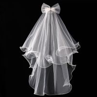 2 Tier Wedding Veil with Comb for Girls Communion Veil Bow Adorned by Rhinestone Short Length Curly Edge Tulle Veil Bridal Veils Hair Accessories