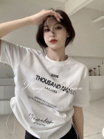 เสื้อยืดแขนสั้นมีสายรูดสไตล์ฮาราจูกุของผู้หญิง,พิมพ์จดหมายหลวม