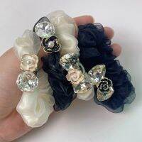 Korean New Fashion Metal Camellia Rhinestone High Stretch Head Rope For Temperament Girls Elastic Hair Scrunchies