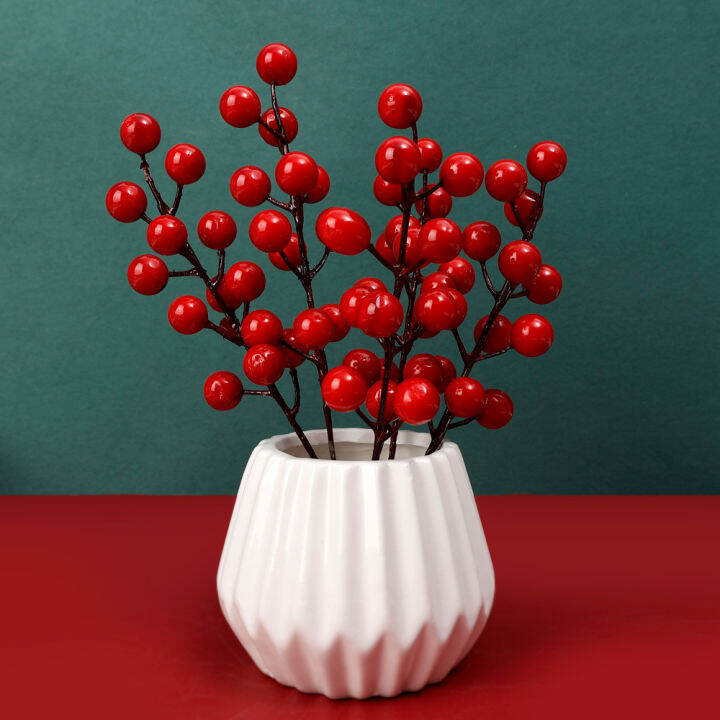 5PCS Artificial Red Holly Cherry Berry Flower Christmas Fruit Bean Red DIY  Home Bedroom Gift Office Garden Decorations Christmas Supplies