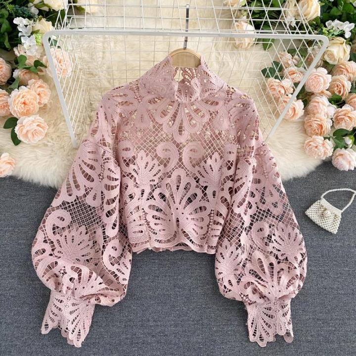 sexy-lace-hollow-out-short-blouse-casual-lantern-long-sleeve-stand-collar-shirts-female-elegant-redpinkwhite-loose-tops