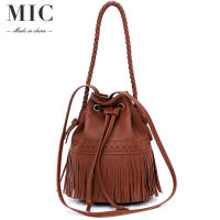 Fashion solid PU material high quality bucket bag soft leather bag with lace tassel handmade One Shoulder Messenger Bag