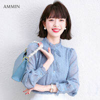 AMMIN Tops 2021 autumn new pleated wood ear mesh stitching stand-up collar with lace bow tie sweet beauty blouse womens long-sleeved three-dimensional embroidery flowers puff sleeve elegant chiffon shirt