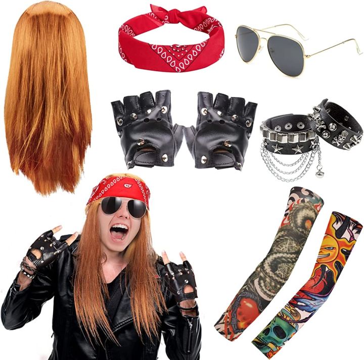 Rock Star 70S 80S Heavy Metal Disco Wig Costume Accessories Polished Cross  Pendant Necklace Long Curly Hat Sunglasses Black Rocker Costume Wig Rocker  Fancy Dress Accessories | Lazada
