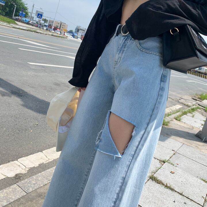 plus-size-women-jeans-korea-loose-high-waist-hole-wide-leg-straight-casual-pants