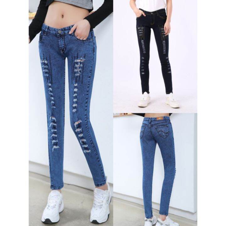 Korea Women's low waist Tattered Classic Ripped Skinny Jeans Lazada PH