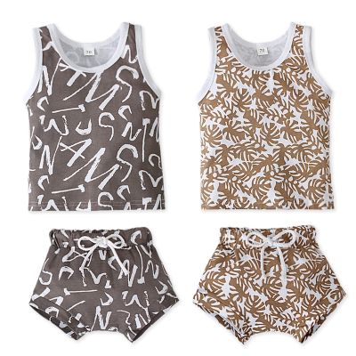 [COD] Boys girls children European and summer style sleeveless leaf letter printing vest T-shirt top shorts 2-piece suit