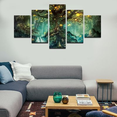5 Pieces Canvas Wall Art Teal Green Tree Landscape Black and White Picture Prints Wall Decoration for Modern Living Room