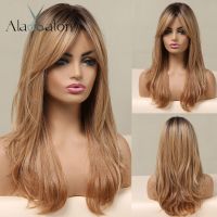 ALAN EATON Long Natural Wave Wig for Women Ombre Black Brown Golden Blonde Synthetic Wigs with Bangs Cosplay Heat Resistant Hair