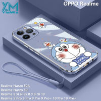 YiaMia เคสโทรศัพท์การ์ตูนโดราเอมอนน่ารักสำหรับ OPPO Realme 5 5i 6i 5S 5 Pro 8 Pro 9 Pro + 8 9 8i 9i 10 Pro 10 Pro + Narzo 50A Narzo 50i แฟชั่นเคส TPU แบบนิ่มโครเมี่ยมสุดหรูเคสคลุมทั้งหมดกล้องมีเชือกห้อย