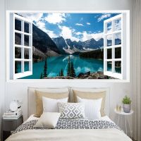 3D Simulation Fake Window Wallpaper Lake Landscape Mountain Clouds Wall Stickers Home Decor Bedroom Living Room PVC Art Mural