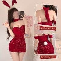 Sequin Bodysuit Dress Women Bunnygirl Tube Dresses Bowknot Neckband Backless Sheath Jumpsuit Sexy Outfit Erotic Red Lingeries