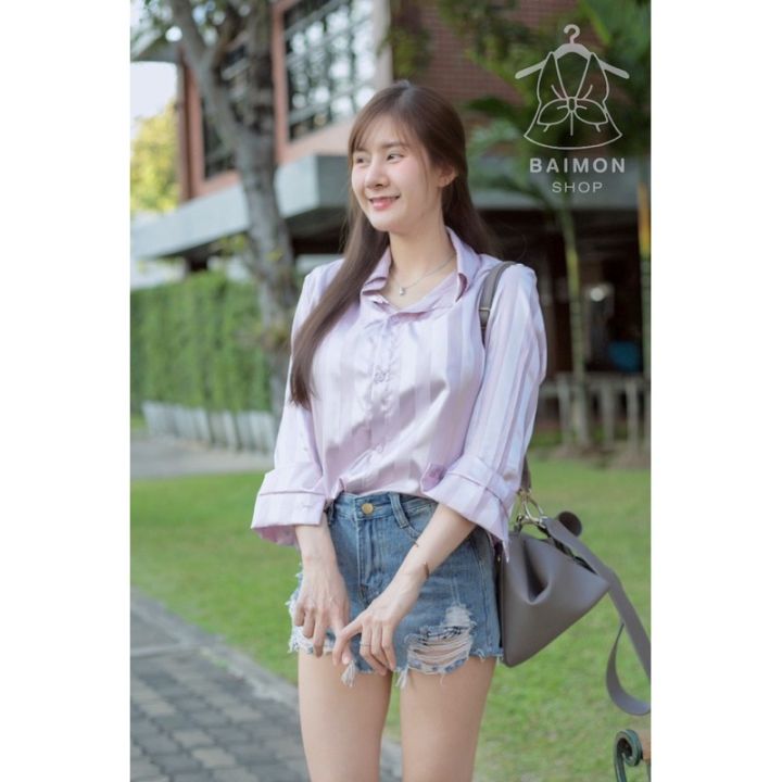 เสื้อเชิ้ตซาตินเสื้อเชิ้ตคอปก-ผ้าซาตินริ้วใหญ่-ผ้าลื่นสวยใส่สบายมากๆสาวๆไม่ควรพลาดนะ