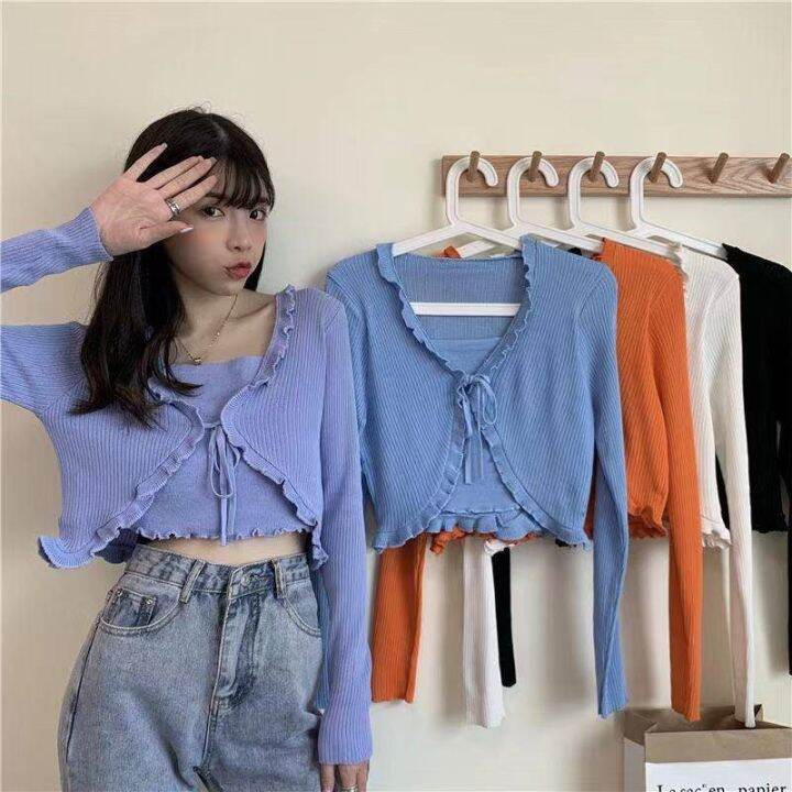 dodo-พร้อมส่ง-เสื้อไหมพรมแขนยาวต่อกับเสื้อคลุม-ผูกโบว์หน้า-28009