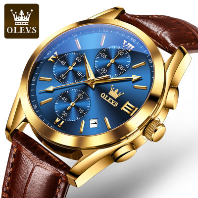 OLEVS นาฬิกาข้อมือหรูหราผู้ชาย2022ขายแฟชั่นกันน้ำหนังควอตซ์นาฬิกาวันที่ส่องสว่าง Chronograph พนมเปญ Dial