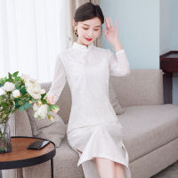 COIGARSAM Womens Fashion Dresses Spring 2022 Chinese Style Cheongsam Solid Lace Long Sleeve Stand Neck White Dress Dropshipping