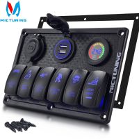 Mictuning 6 Gang Rocker Switch Panel 4.2A Dual USB Slot Socket Digital Voltage Display Waterproof for Marine Boat Car Rv Vehicle