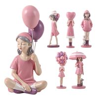 Modern Pink Balloon Girl Figurines Sweet Girls Character Model Art Resin Girl Statue Home Interior Decor Crafts