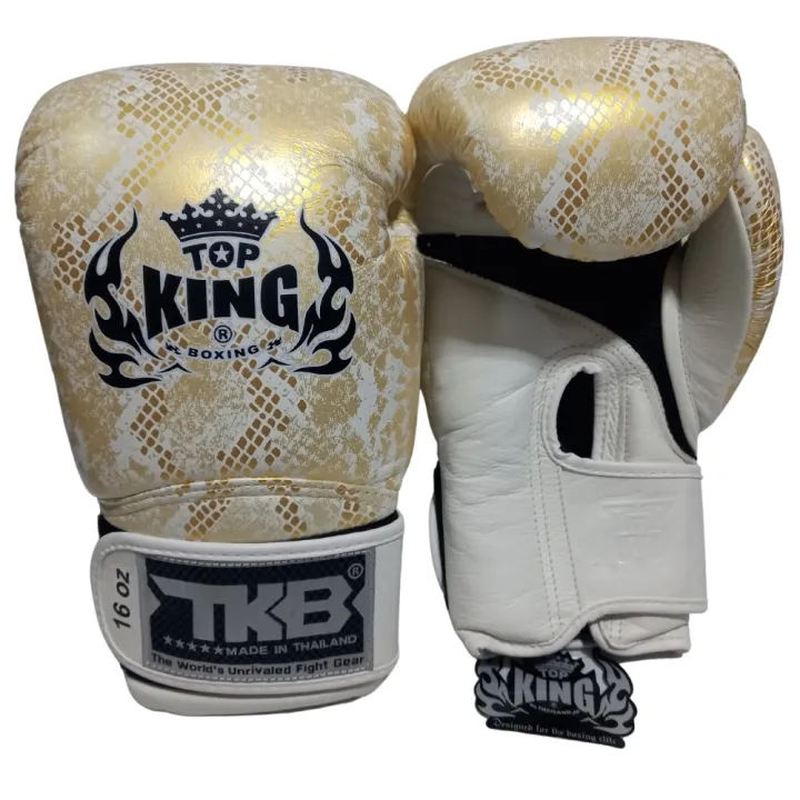 Top King Boxing Gloves Snake Whitegold Genuine leather Muay Thai MMA